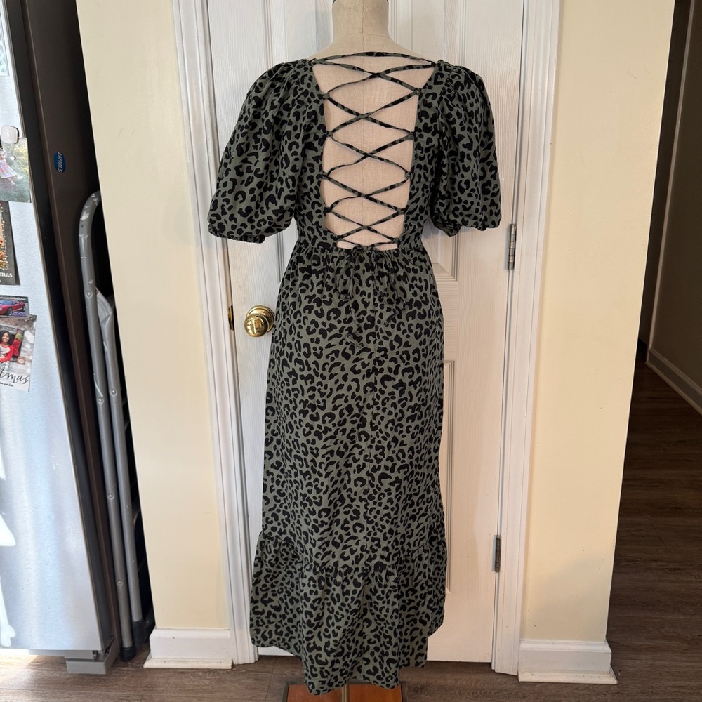 ASOS Green Leopard Print Puff Sleeve Midi Dress Size 4 NWT - Picture 2 of 9